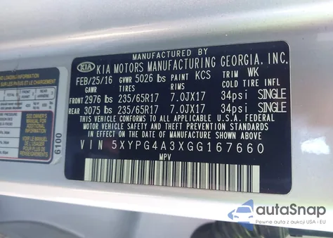 2016 Kia Sorento 2.4L L из США, поврежденный, VIN 5XYPG4A3XGG167660